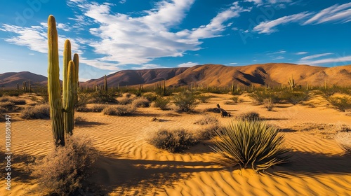 A scenic view of a cactus in a vast desert landscape at sunset, showcasing dry vegetation, mountains, and the warm glow of the setting sun