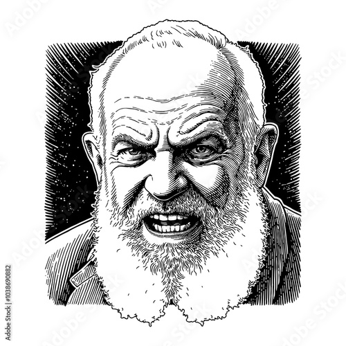 Angry Grandpa Portrait in Black and White Outline Line Art Drawing with Intense Expression