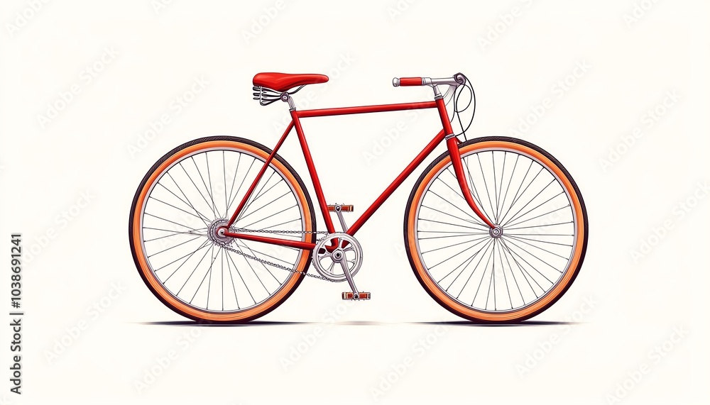 Fototapeta premium A vibrant red bicycle on a soft white background, showcasing its sleek design and classic features.