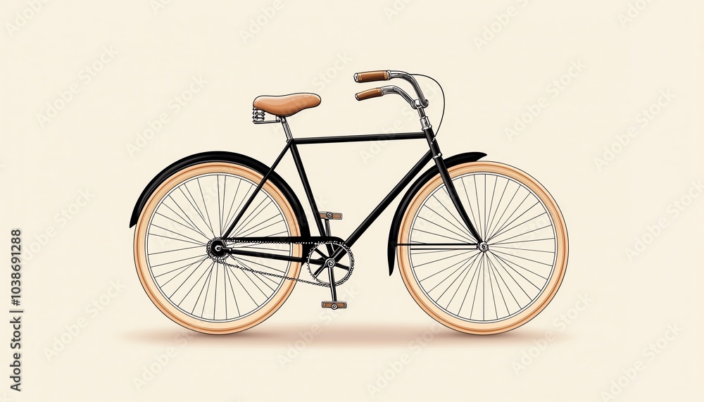 Fototapeta premium Classic black bicycle with brown leather seat and handles on a neutral background.