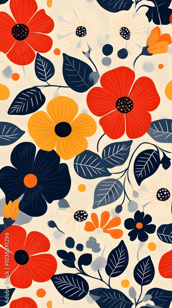A vibrant floral pattern featuring red, orange, and navy flowers with green leaves on a cream background. A vibrant floral pattern featuring red, orange, and navy flowers with green leaves on a cream background.