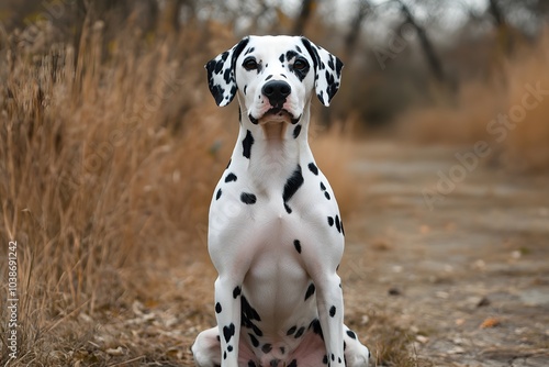 A Dalmatian dog sits outdoors, surrounded by dry grass, showcasing its iconic black spots on a white coat.