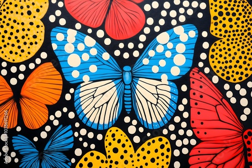 A vibrant artwork featuring colorful butterflies amidst a backdrop of black, adorned with polka dots and a variety of floral shapes. photo