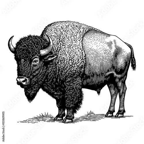 Bison Animal in Detailed Black and White Outline Line Art Drawing with Retro Vintage Style