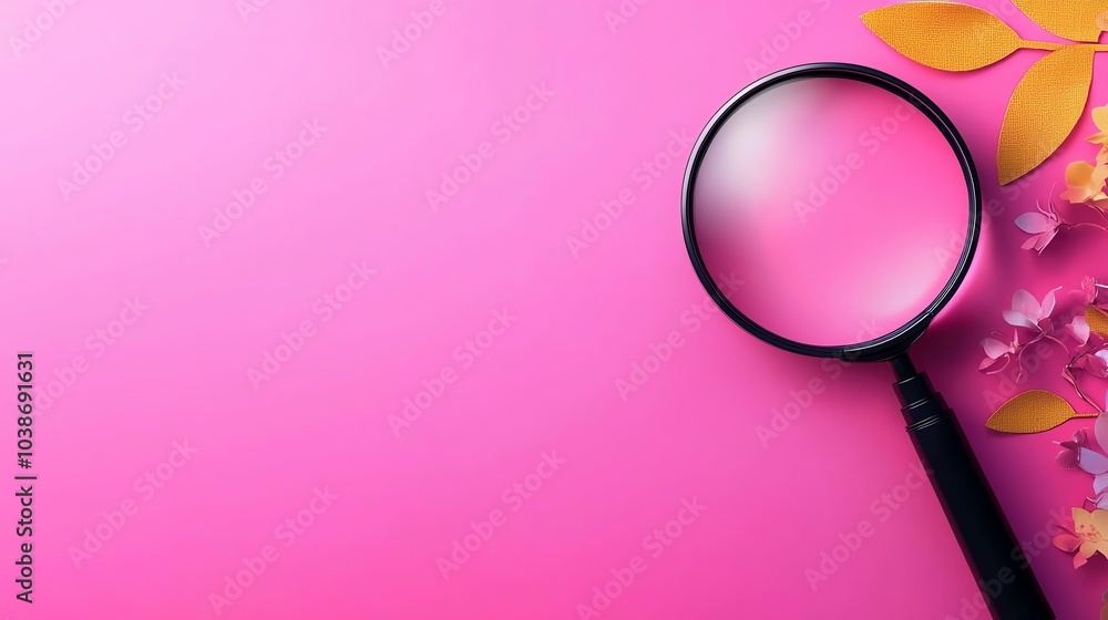 A magnifying glass on a pink background with flowers, symbolizing exploration and discovery. A magnifying glass on a pink background with flowers, symbolizing exploration and discovery.