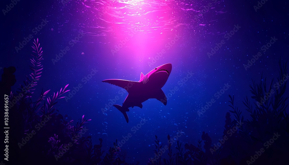 Fototapeta premium A majestic shark swims gracefully under vibrant purple light in an underwater scene.