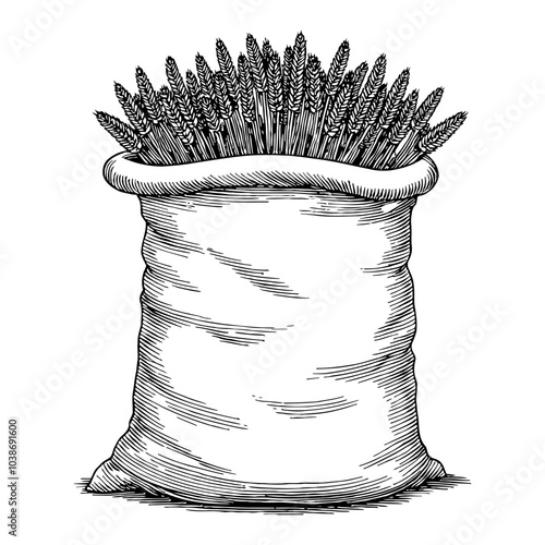 Burlap Sack Overflowing with Wheat in Detailed Black and White Outline Line Art Drawing