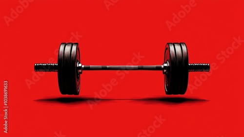 A heavy barbell with weights on a red background, symbolizing strength and fitness, ideal for workout-related themes.