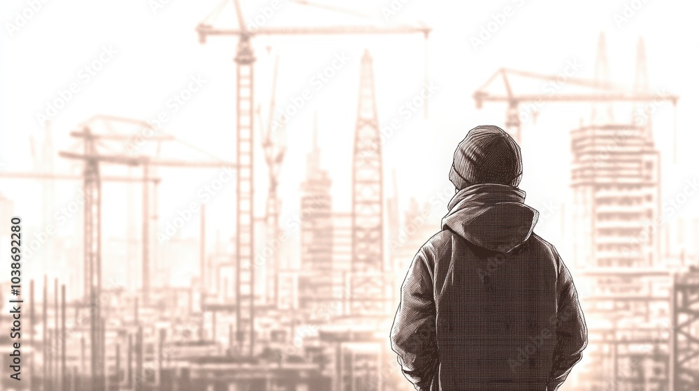 Boy stands in front of a bustling construction site Boy stands in front of a bustling construction site