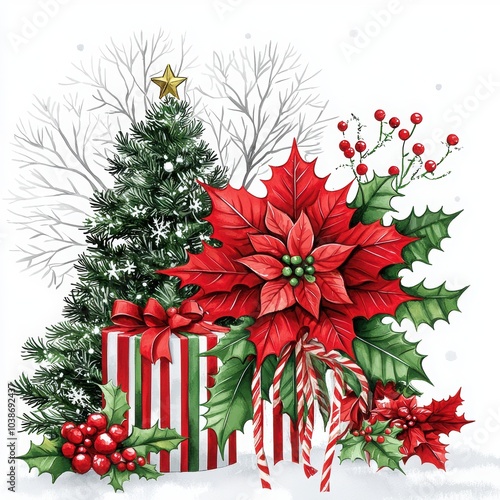 A festive holiday arrangement featuring a Christmas tree, poinsettias, and beautifully wrapped gifts, embodying seasonal joy.