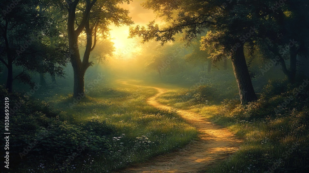 A serene forest scene bathed in warm, golden light as the sun sets. A winding path cuts through the lush greenery, bordered by trees with thick trunks and leaves creating a dappled effect of light and A serene forest scene bathed in warm, golden light as the sun sets. A winding path cuts through the lush greenery, bordered by trees with thick trunks and leaves creating a dappled effect of light and