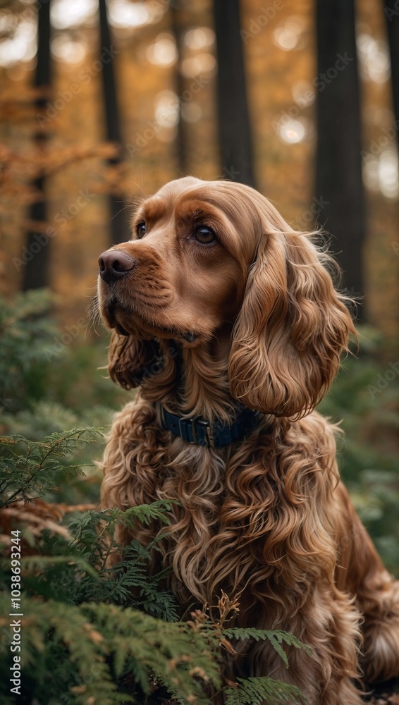 Golden Cocker Spaniel dog in a forest, looking attentive, surrounded by autumn foliage Golden Cocker Spaniel dog in a forest, looking attentive, surrounded by autumn foliage