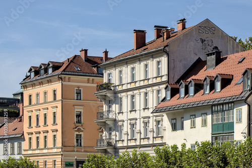 colorful buildings in downtown ljubljana slovenia city center (beautiful european architecture in historic town) europe travel tourism destination balkans julian alps adriatic mediterranean