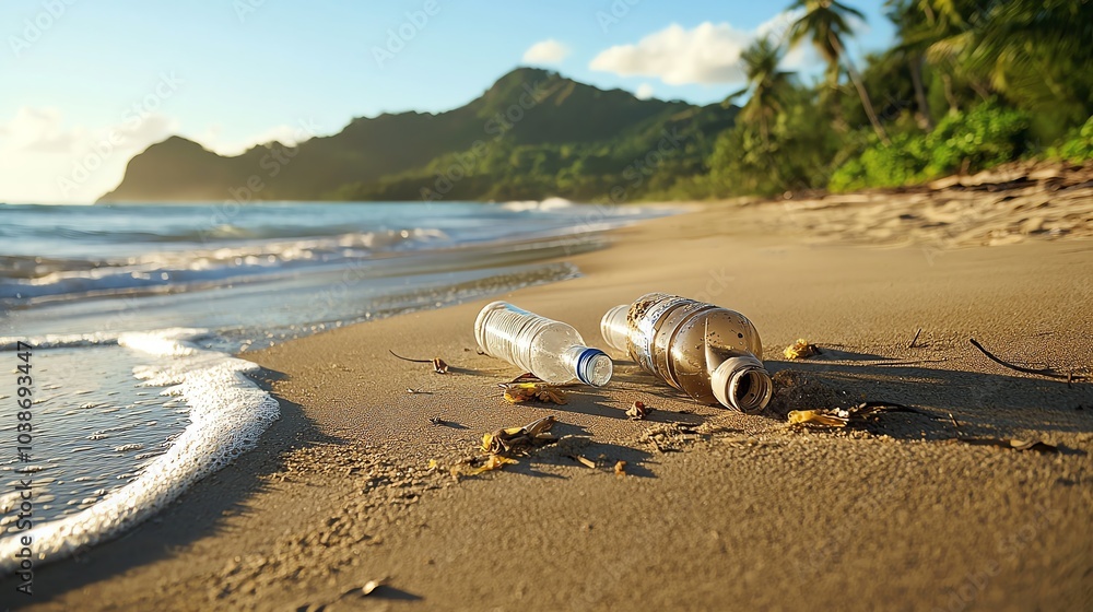 Obraz premium Plastic bottles and trash washed up on a pristine beach, symbolizing the human impact on natural environments