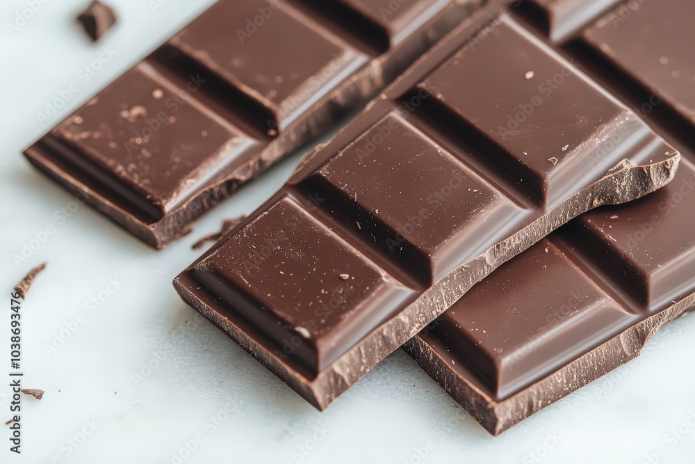Delicious dark chocolate bars broken into pieces, showcasing rich texture and smooth surface ideal for desserts or snacks. Delicious dark chocolate bars broken into pieces, showcasing rich texture and smooth surface ideal for desserts or snacks.