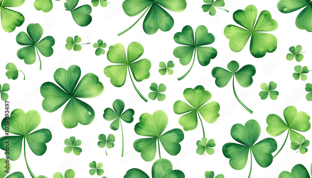 repeat pattern of hand drawn watercolor green shamrock leaves isolated with white highlights, png repeat pattern of hand drawn watercolor green shamrock leaves isolated with white highlights, png
