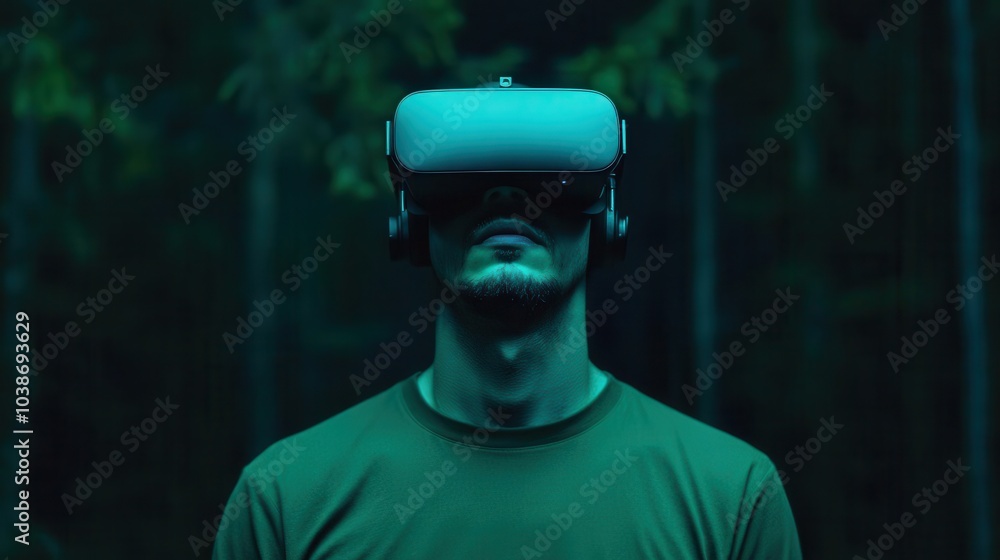 A virtual reality headset user immersed in a calm forest visualization A virtual reality headset user immersed in a calm forest visualization