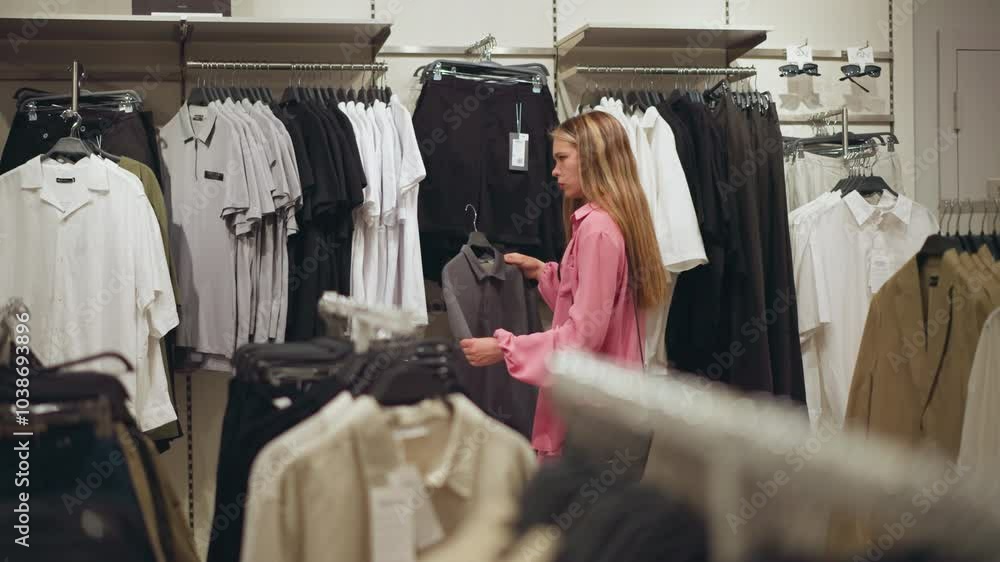 Lady dressed in pink outfit and carrying a black bag carefully examines a grey top in a well-arranged clothing store, the store is well-lit with racks of clothes organized in the background Lady dressed in pink outfit and carrying a black bag carefully examines a grey top in a well-arranged clothing store, the store is well-lit with racks of clothes organized in the background