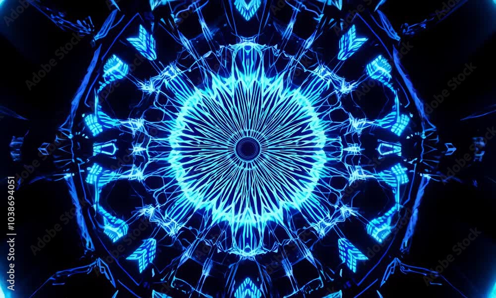 A mesmerizing kaleidoscope pattern with glowing blue lines creating a complex and intricate design.
