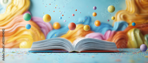 open textbook with colorful, floating school tools creates whimsical and imaginative scene. vibrant background adds to sense of creativity and wonder