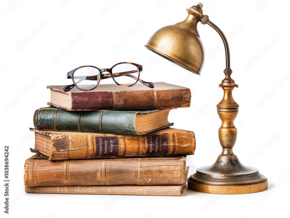 A modern reading desk with a stack of books, glasses, and a lamp isolated on white A modern reading desk with a stack of books, glasses, and a lamp isolated on white