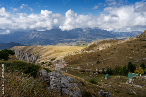 P14 road in the Durmitor Mountains. The Dinaric Alps also Dinarides, are a mountain range in Southern and Southcentral Europe, separating the continental Balkan Peninsula from the Adriatic Sea.  photo