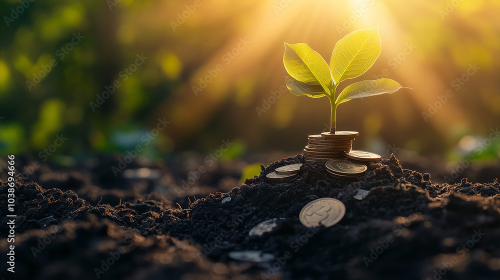 Financial Growth: Stack of Coins with Green Leaves - AI and Sustainable Business Practices Financial Growth: Stack of Coins with Green Leaves - AI and Sustainable Business Practices