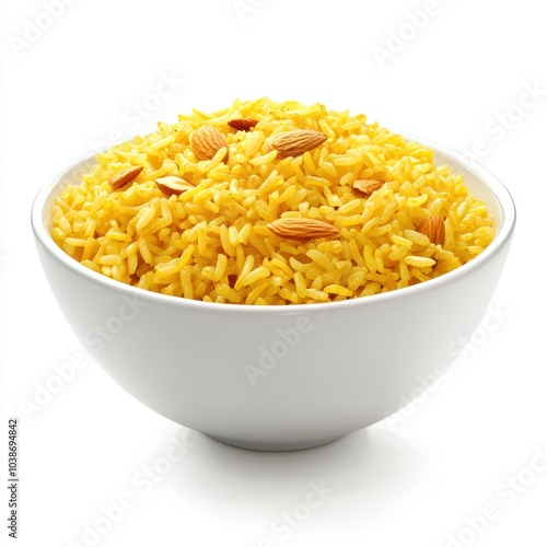 A bowl of yellow rice garnished with almonds, showcasing a delicious dish.