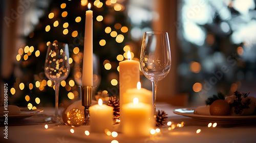 A fancy New Year's Eve dinner table, with candles and festive decorations as the background, during a luxurious celebration