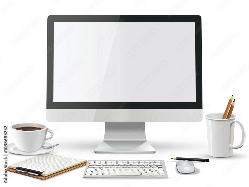 Fototapeta premium A modern work desk setup with a desktop computer, a notepad, and a coffee mug isolated on white