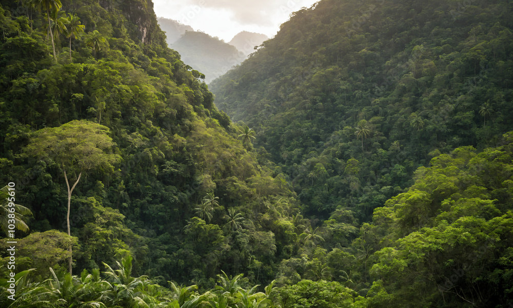 Naklejka premium 아름다운 정글의 계곡은 무성한 나무와 다양한 식물들이 자생하며, 그곳에서는 생명의 소리가 가득합니다.