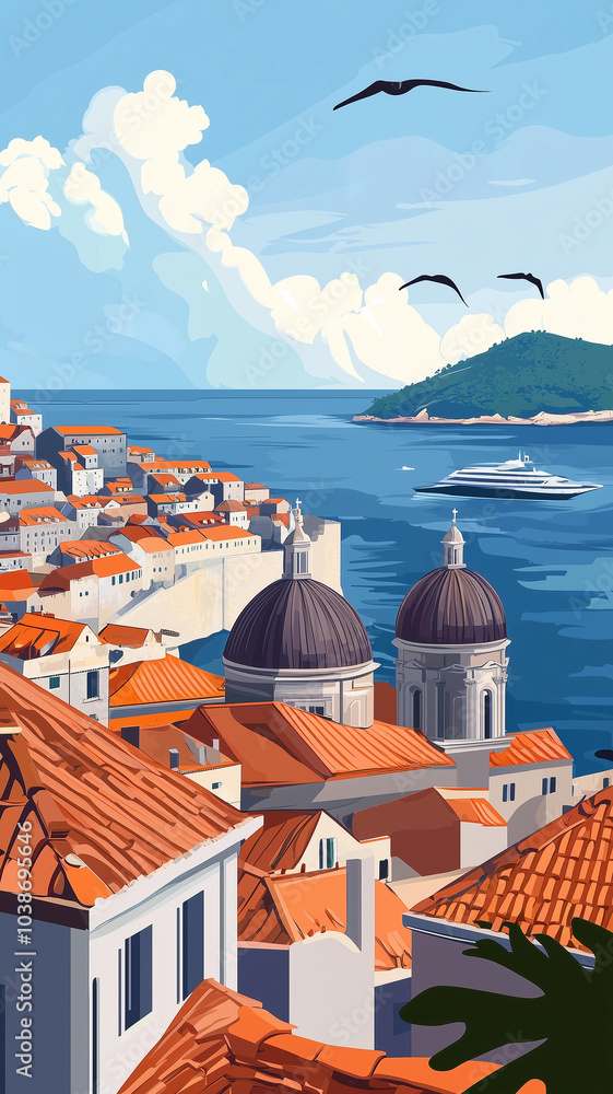 Obraz premium simple flat 2D illustration, vector illustration, simple colors, view on Dubrovnik, city in Croatia. Famous touristic must-see spot in Croatia, europe.