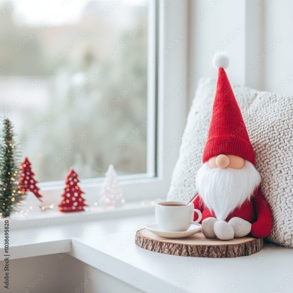 Fototapeta premium Cozy Gnome by the Snowy Window with Warm Tea