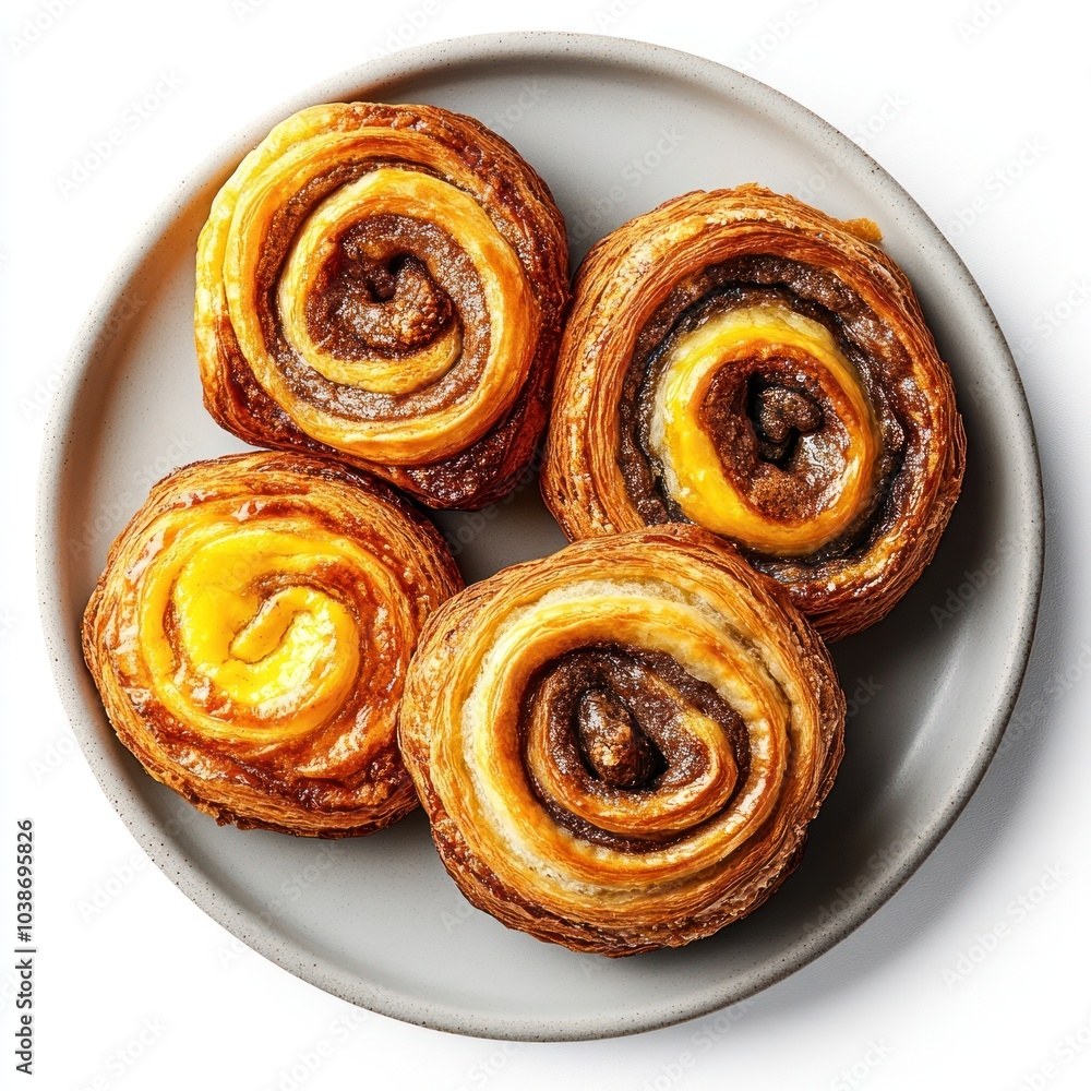 A plate of four delicious pastry rolls, showcasing a mix of sweet and savory flavors. A plate of four delicious pastry rolls, showcasing a mix of sweet and savory flavors.