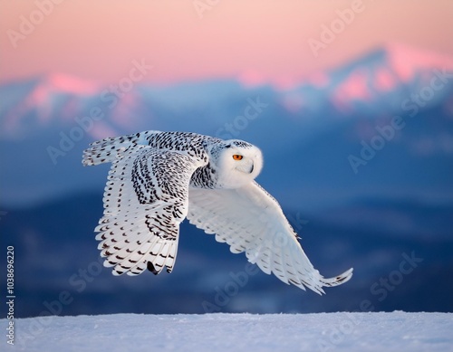Búho de las nieves blanco con ojos amarillos volando sobre la nieve por la mañana