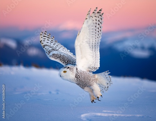 Búho de las nieves blanco con ojos amarillos volando sobre la nieve por la mañana