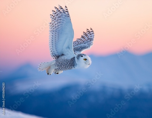 Búho de las nieves blanco con ojos amarillos volando sobre la nieve por la mañana