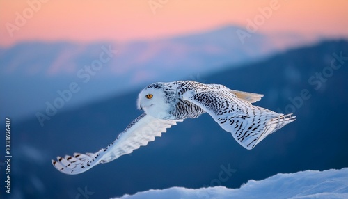 Búho de las nieves blanco con ojos amarillos volando sobre la nieve por la mañana