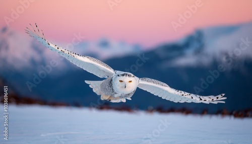 Búho de las nieves blanco con ojos amarillos volando sobre la nieve por la mañana