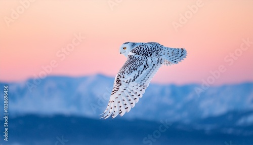 Búho de las nieves blanco con ojos amarillos volando sobre la nieve por la mañana