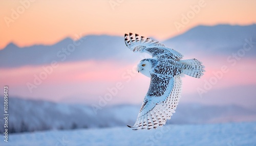 Búho de las nieves blanco con ojos amarillos volando sobre la nieve por la mañana
