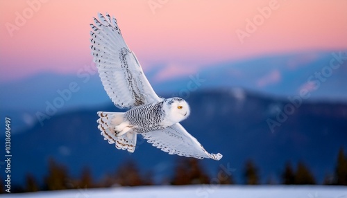 Búho de las nieves blanco con ojos amarillos volando sobre la nieve por la mañana