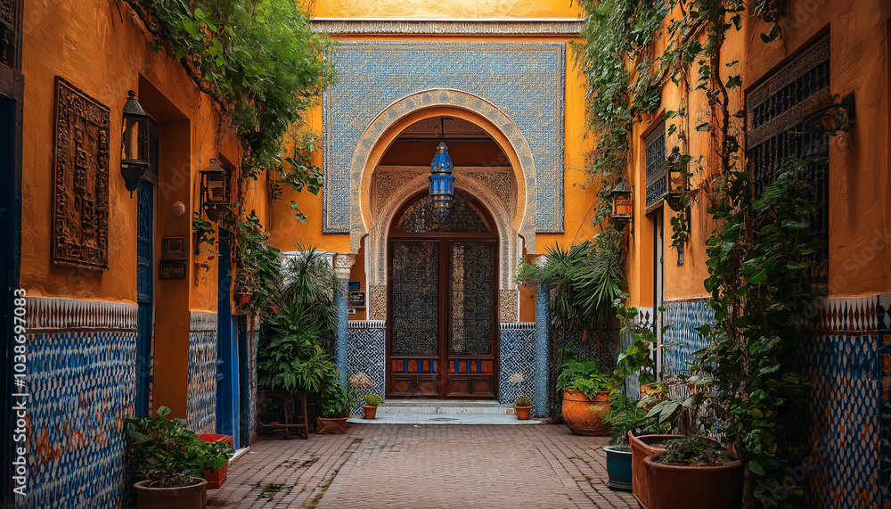 Fototapeta premium AI generator image of stunning view of the front facade of a traditional Moroccan riad, nestled in the vibrant streets of Marrakech.
