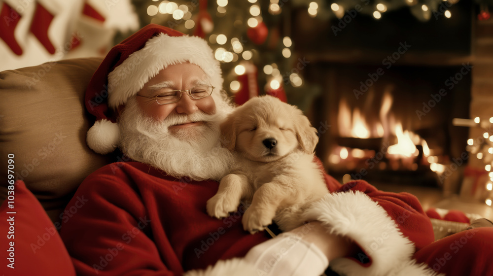 Obraz premium Santa Claus cuddling a golden retriever puppy by the fireplace