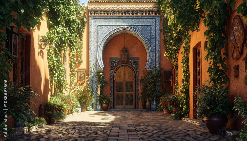 AI generator image of stunning view of the front facade of a traditional Moroccan riad, nestled in the vibrant streets of Marrakech. AI generator image of stunning view of the front facade of a traditional Moroccan riad, nestled in the vibrant streets of Marrakech.