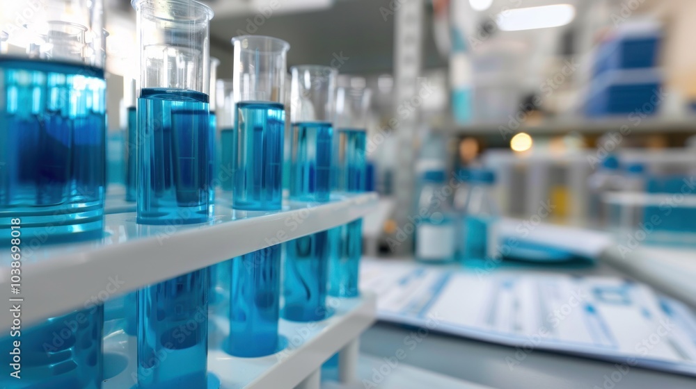 Blue Liquid in Test Tubes in Lab Blue Liquid in Test Tubes in Lab