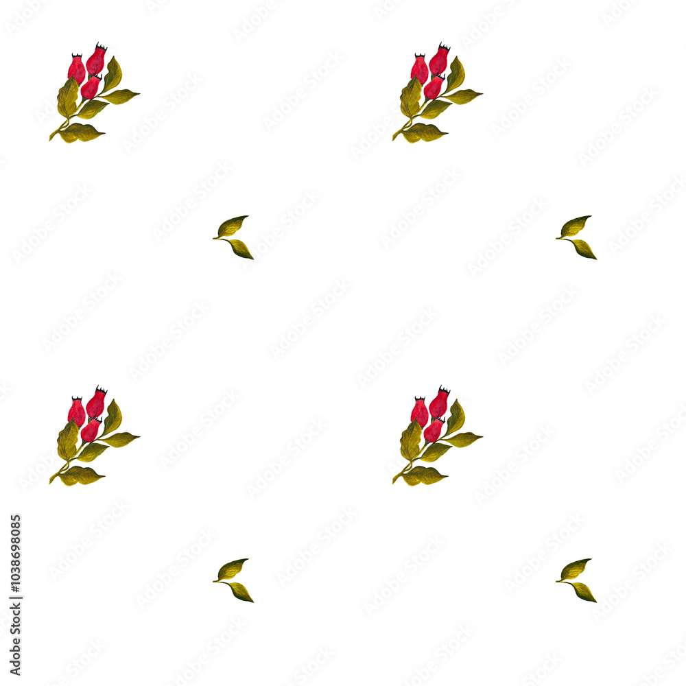 A seamless pattern featuring rosehip berries and green leaves on a white background. Perfect for elegant textile designs, wrapping paper, or wallpapers. A seamless pattern featuring rosehip berries and green leaves on a white background. Perfect for elegant textile designs, wrapping paper, or wallpapers.