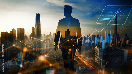 Double Exposure of Entrepreneur and Futuristic City with Digital Connections Generative AI 