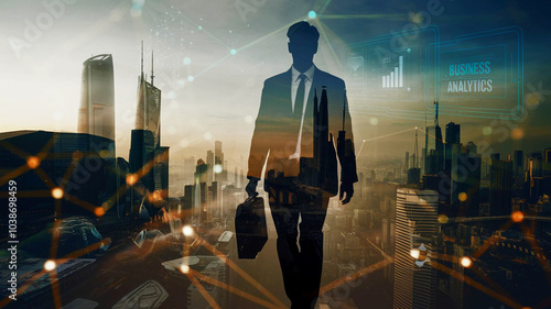 Double Exposure of Entrepreneur and Futuristic City with Digital Connections Generative AI 