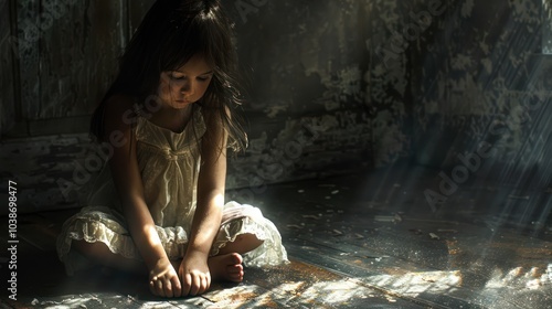 A neglected child sitting alone on the floor in a dimly lit room, portraying child abuse and emotional isolation